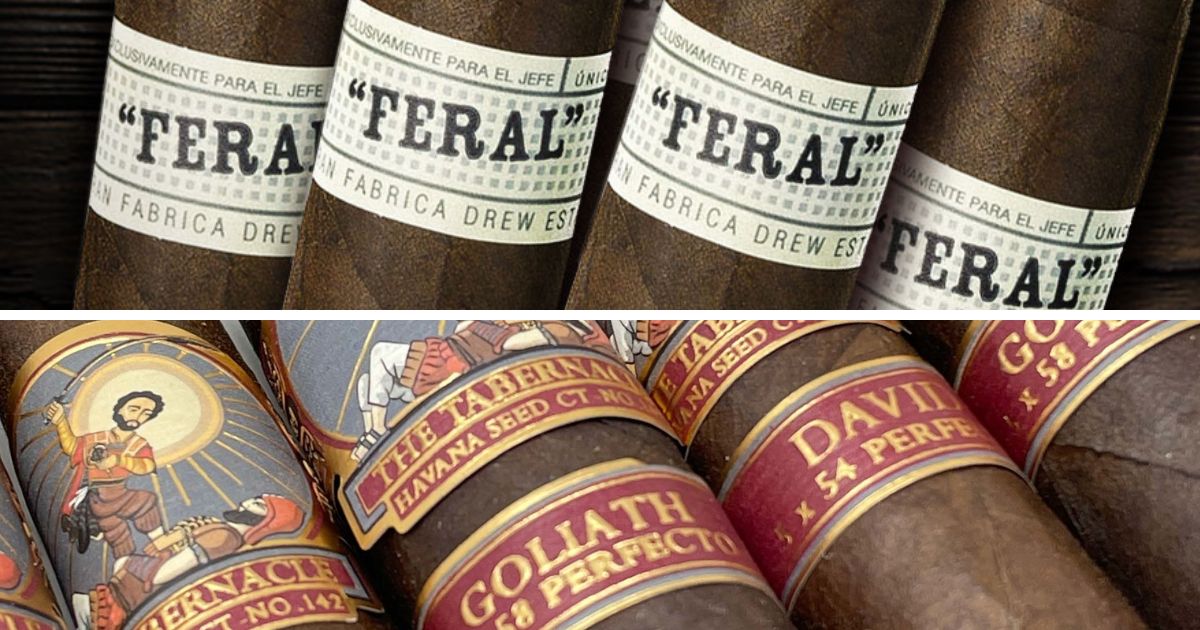 Liga Privada Unico Feral Flying Pig and Foundation Tabernacle Havana Seed Goliath cigars side by side on a wooden surface