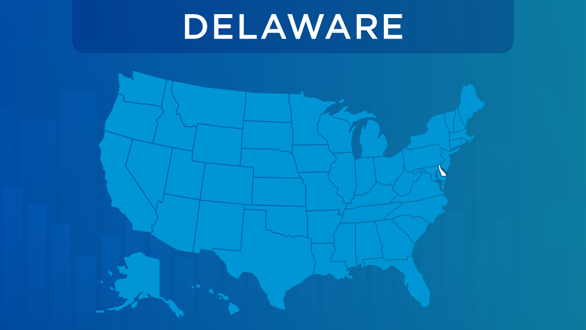 Map of Delaware highlighted in blue against a neutral background, representing the state's tobacco tax legislation under House Bill 215