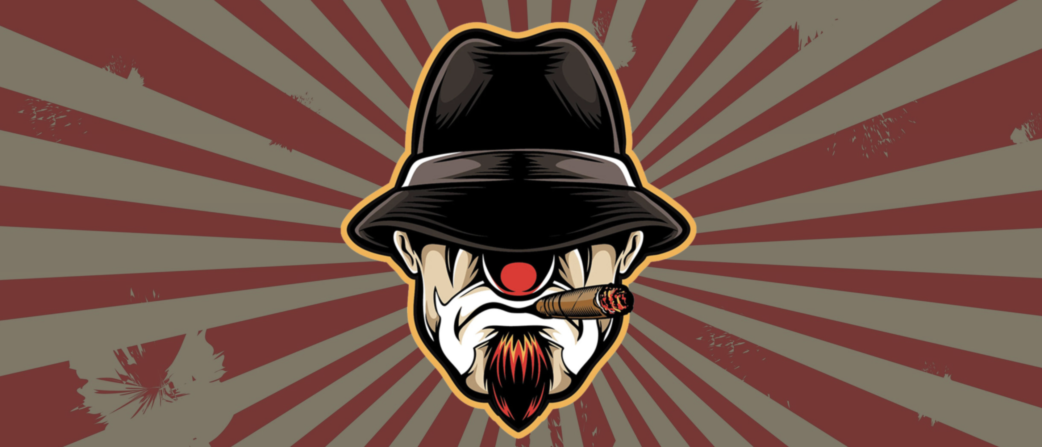 Cigar Clowns logo featuring a grinning rodeo clown smoking a cigar, displayed on a computer screen with brand imagery