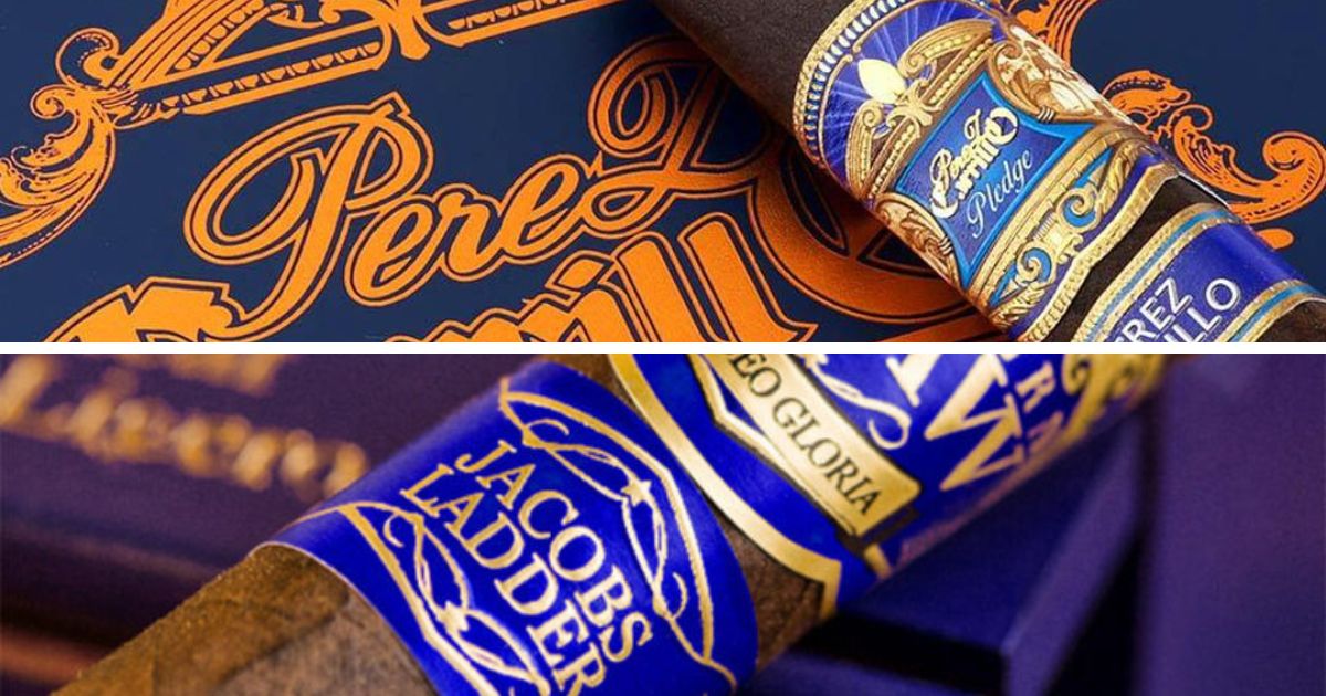 Southern Draw Jacob's Ladder and E.P. Carrillo The Pledge cigars side by side on a dark surface, both showing Connecticut Maduro wrappers