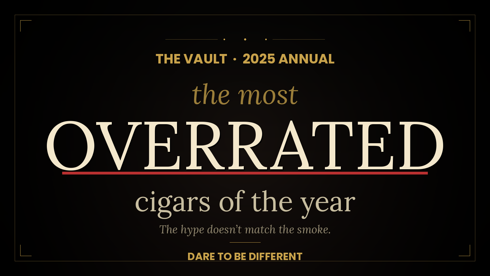 A lineup of ten cigars arranged on a dark surface, representing the most overrated sticks of 2025