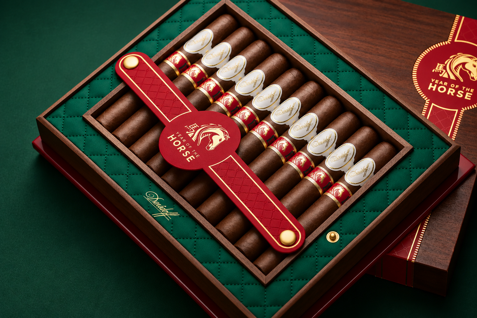 A Davidoff Year of the Horse 2026 cigar with gold and red zodiac band resting on a dark wooden surface